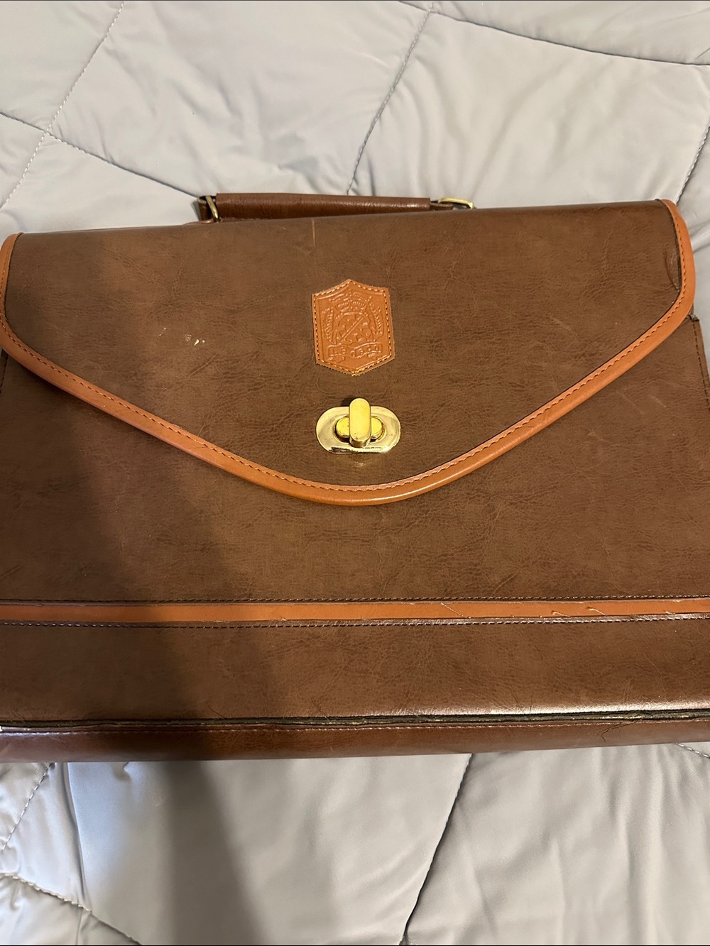 Vintage Le Deco Brown Leather Briefcase with Gold Turn-Lock